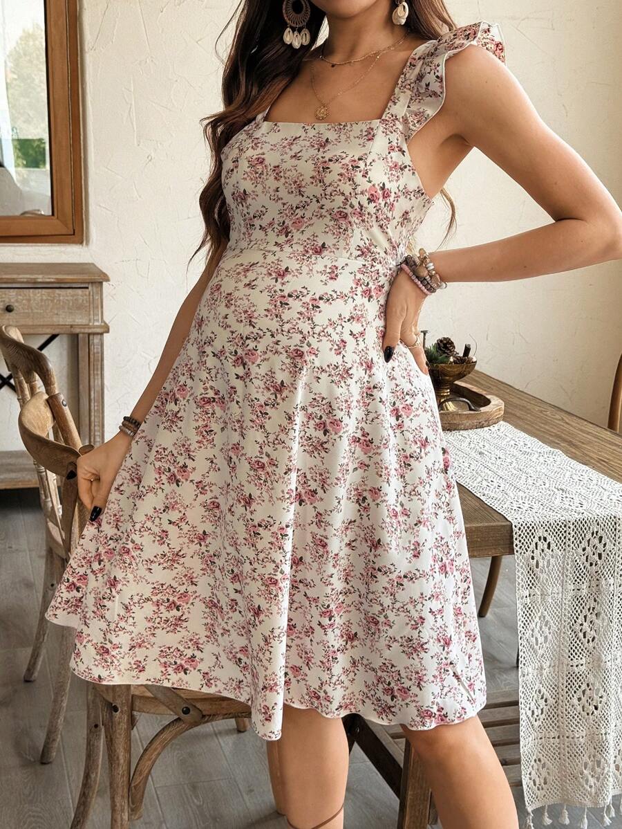 Maternity Casual All-Over Print Boho Summer Dress Square Neck High Waist A-Line Vacation Dress in Burgundy