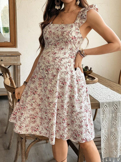 Maternity Casual All-Over Print Boho Summer Dress Square Neck High Waist A-Line Vacation Dress in Burgundy