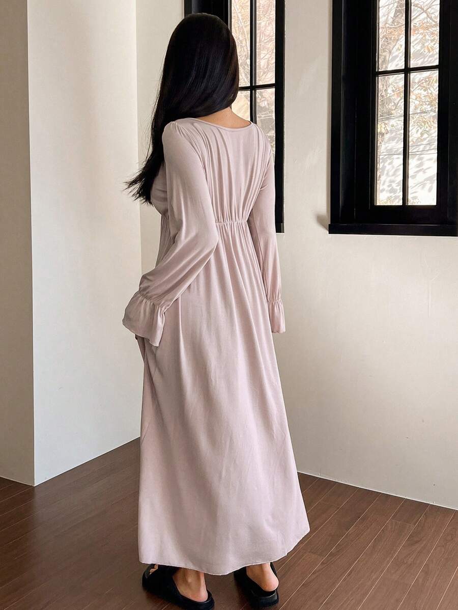 Maternity Bowknot Ruffle Trim Waist Nightgown - Soft Cozy Pajama Dress, Fall Winter Sleepwear