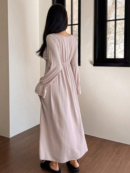 Maternity Bowknot Ruffle Trim Waist Nightgown - Soft Cozy Pajama Dress, Fall Winter Sleepwear