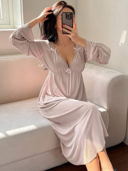 Maternity Bowknot Ruffle Trim Waist Nightgown - Soft Cozy Pajama Dress, Fall Winter Sleepwear