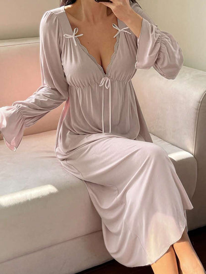 Maternity Bowknot Ruffle Trim Waist Nightgown - Soft Cozy Pajama Dress, Fall Winter Sleepwear