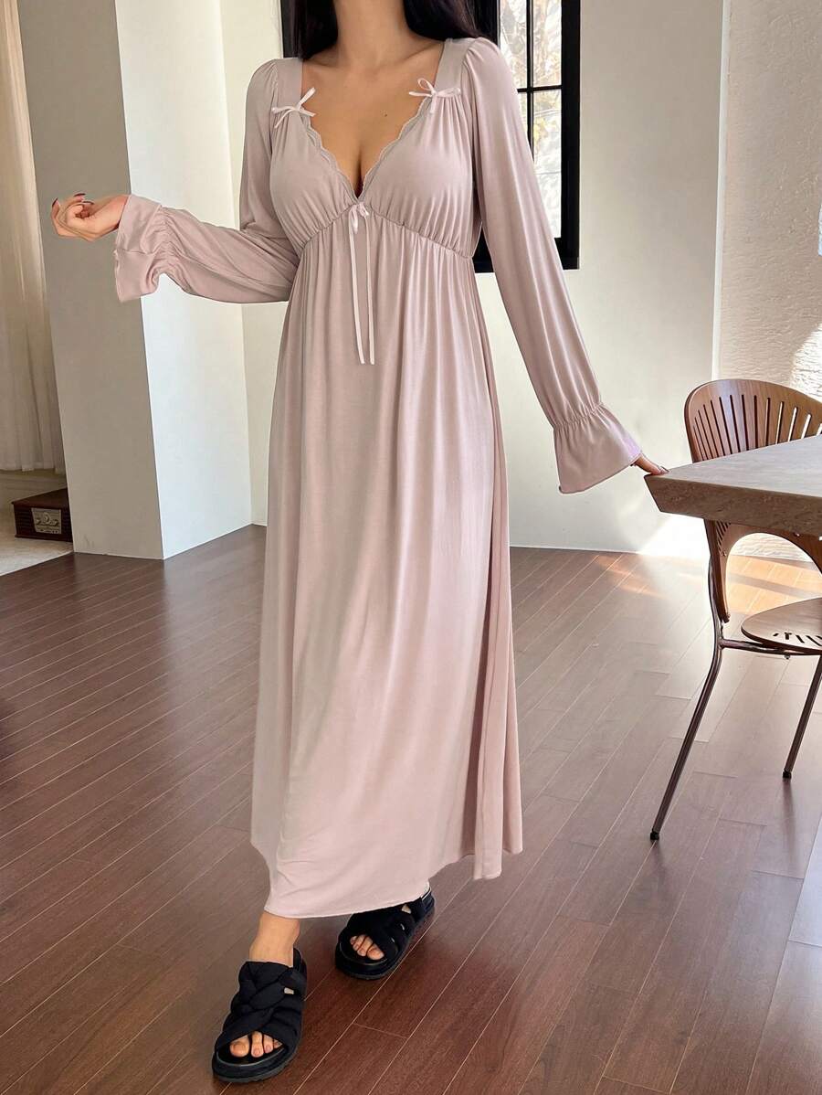 Maternity Bowknot Ruffle Trim Waist Nightgown - Soft Cozy Pajama Dress, Fall Winter Sleepwear