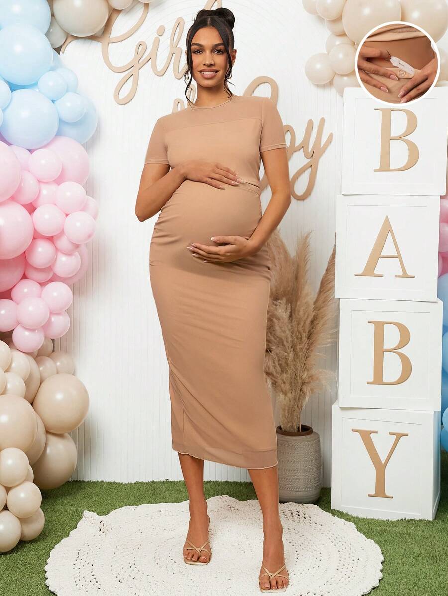 2 Piece Maternity Set Khaki Round Neck Short Sleeve Crop Tee and Adjustable High Stretch Ruched Midi Skirt for Baby Shower and Gender Reveal