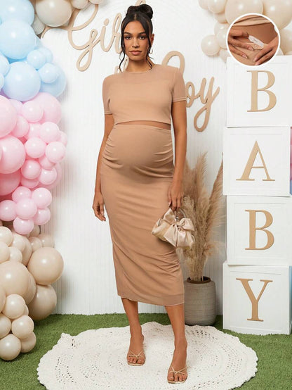 2 Piece Maternity Set Khaki Round Neck Short Sleeve Crop Tee and Adjustable High Stretch Ruched Midi Skirt for Baby Shower and Gender Reveal