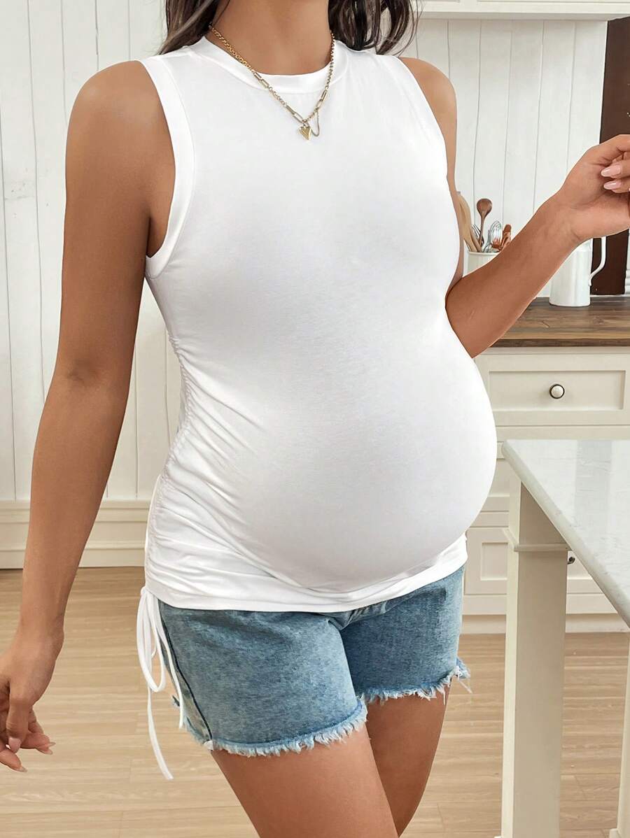 Maternity Tank Top - Drawstring Ruched Side Crop Slim Fit Cotton Knit, White