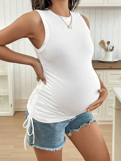 Maternity Tank Top - Drawstring Ruched Side Crop Slim Fit Cotton Knit, White
