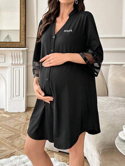 Maternity Dress - Chiffon Patchwork Half Sleeve Loose Fit Notched Neck Casual, Pregnancy Loungewear