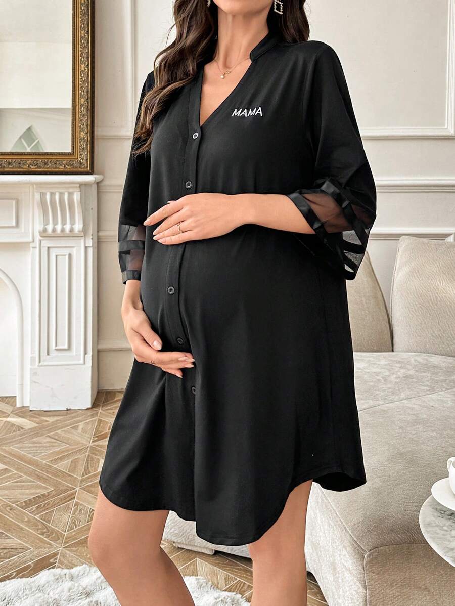 Maternity Dress - Chiffon Patchwork Half Sleeve Loose Fit Notched Neck Casual, Pregnancy Loungewear