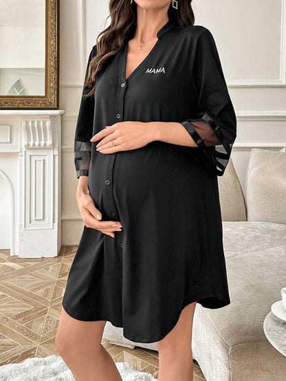 Maternity Dress - Chiffon Patchwork Half Sleeve Loose Fit Notched Neck Casual, Pregnancy Loungewear