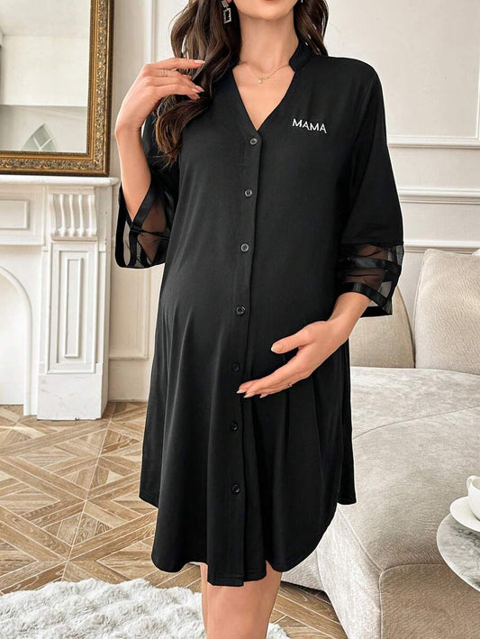 Maternity Dress - Chiffon Patchwork Half Sleeve Loose Fit Notched Neck Casual, Pregnancy Loungewear