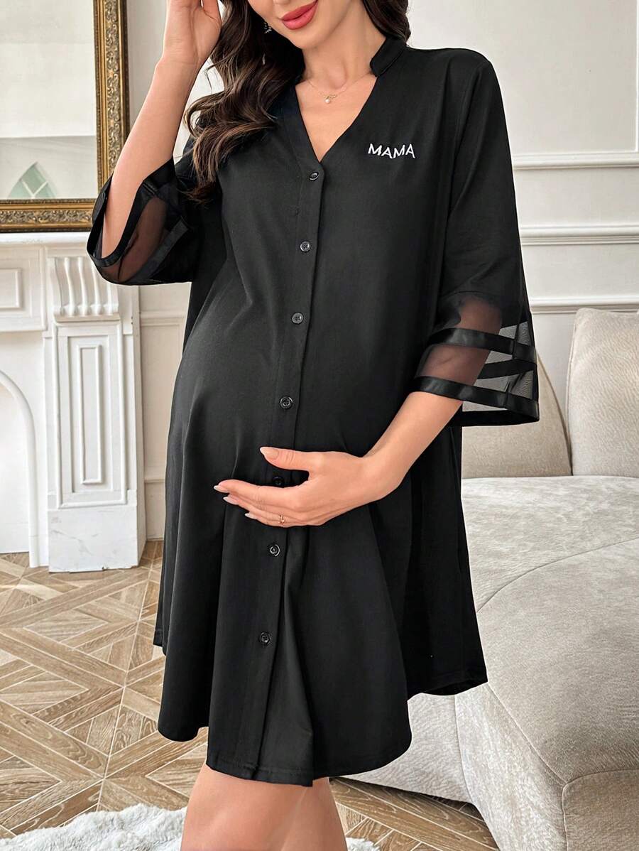 Maternity Dress - Chiffon Patchwork Half Sleeve Loose Fit Notched Neck Casual, Pregnancy Loungewear