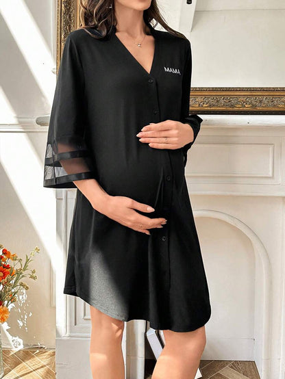 Maternity Dress - Chiffon Patchwork Half Sleeve Loose Fit Notched Neck Casual, Pregnancy Loungewear