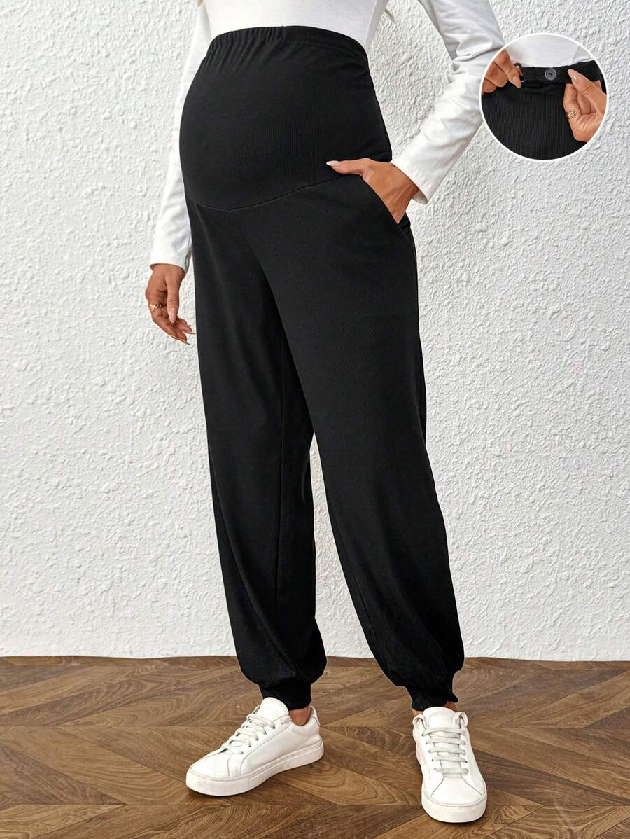 Plus Size Maternity Pants - Adjustable Waist, Belly Support, Button Detail, High Waist, Dark Grey