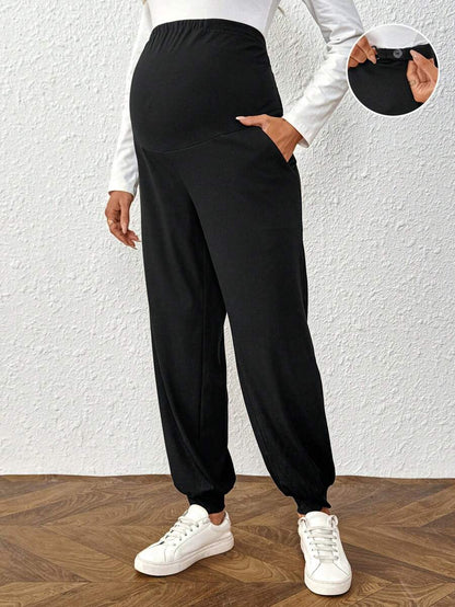 Plus Size Maternity Pants - Adjustable Waist, Belly Support, Button Detail, High Waist, Dark Grey
