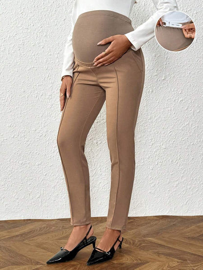 Maternity Straight Leg Pants - Adjustable Elastic Waist, Ultra High Waist, Khaki