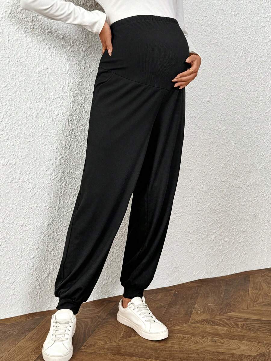 Plus Size Maternity Pants - Adjustable Waist, Belly Support, Button Detail, High Waist, Dark Grey