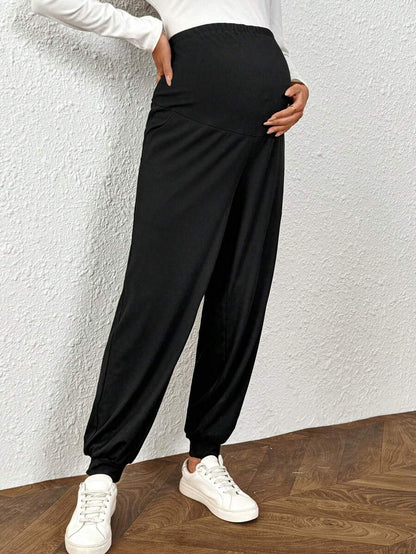 Plus Size Maternity Pants - Adjustable Waist, Belly Support, Button Detail, High Waist, Dark Grey