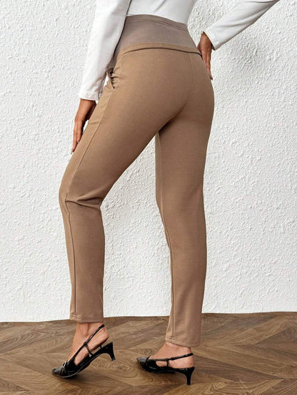 Maternity Straight Leg Pants - Adjustable Elastic Waist, Ultra High Waist, Khaki
