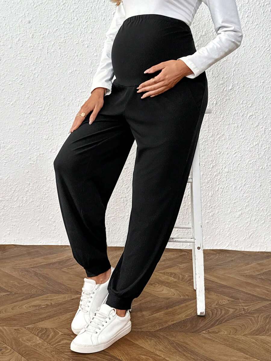 Plus Size Maternity Pants - Adjustable Waist, Belly Support, Button Detail, High Waist, Dark Grey