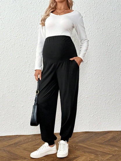 Plus Size Maternity Pants - Adjustable Waist, Belly Support, Button Detail, High Waist, Dark Grey