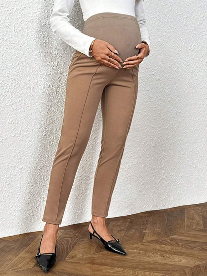 Maternity Adjustable Waist Pants - Ultra High Waist, Straight Leg, Button Detail, Black