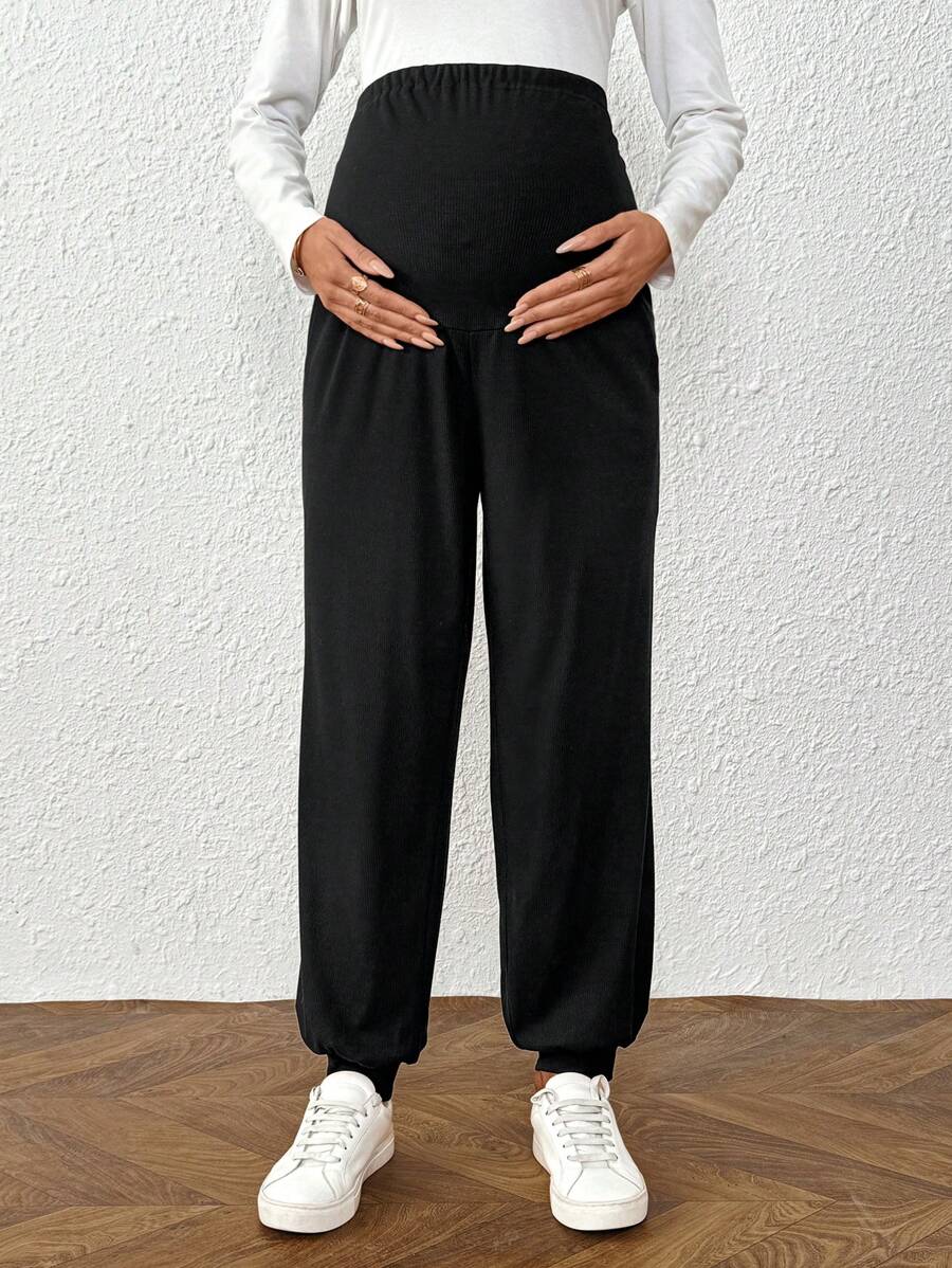 Plus Size Maternity Pants - Adjustable Waist, Belly Support, Button Detail, High Waist, Dark Grey