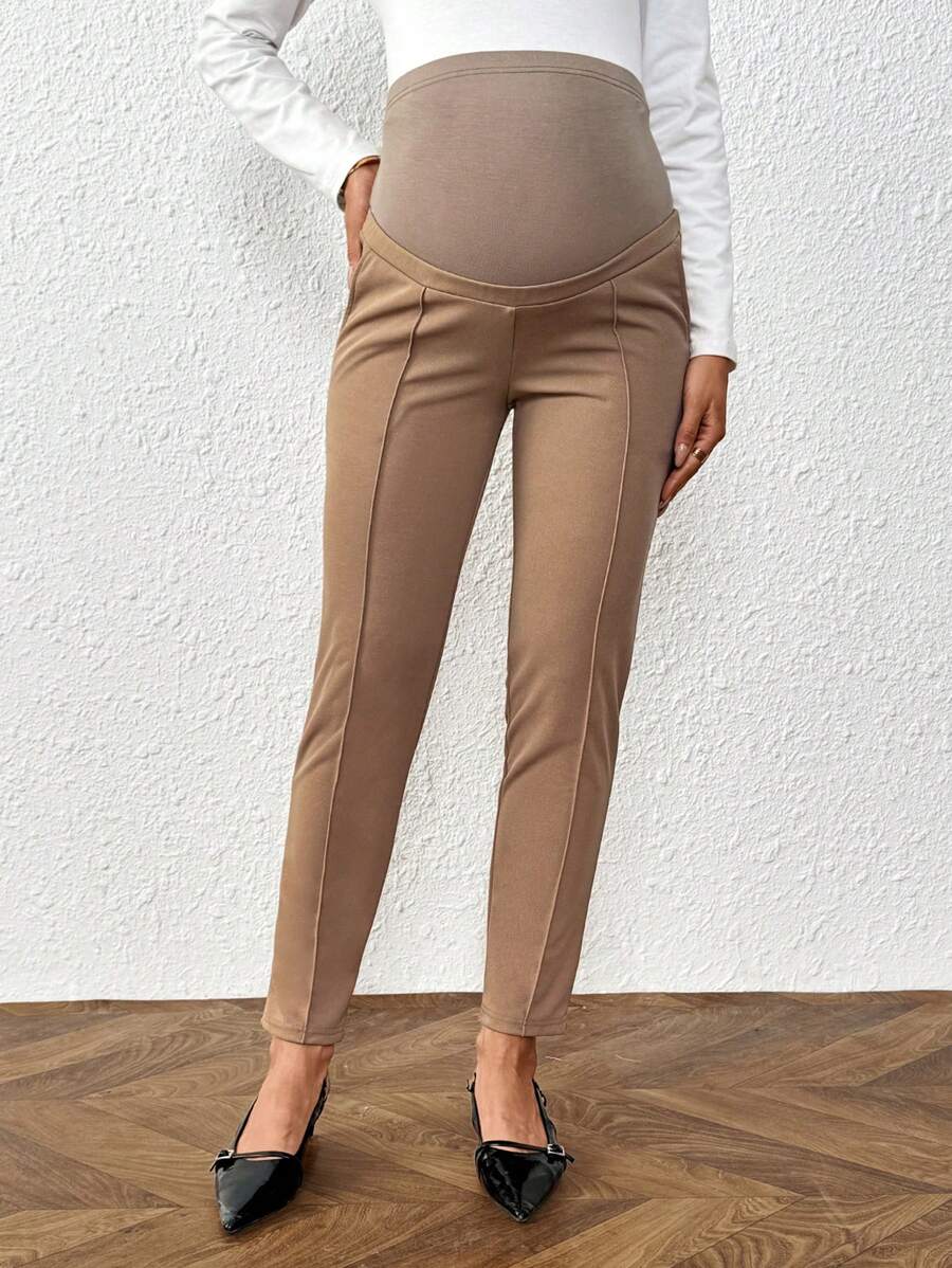 Maternity Straight Leg Pants - Adjustable Elastic Waist, Ultra High Waist, Khaki