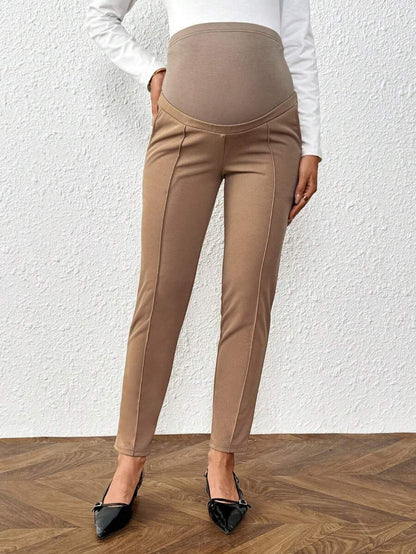 Maternity Adjustable Waist Pants - Ultra High Waist, Straight Leg, Button Detail, Black