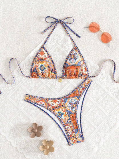 Women's 2-Piece Boho Halter Bikini Set - Gold Accessory, High-Cut, Floral Print, Multicolor