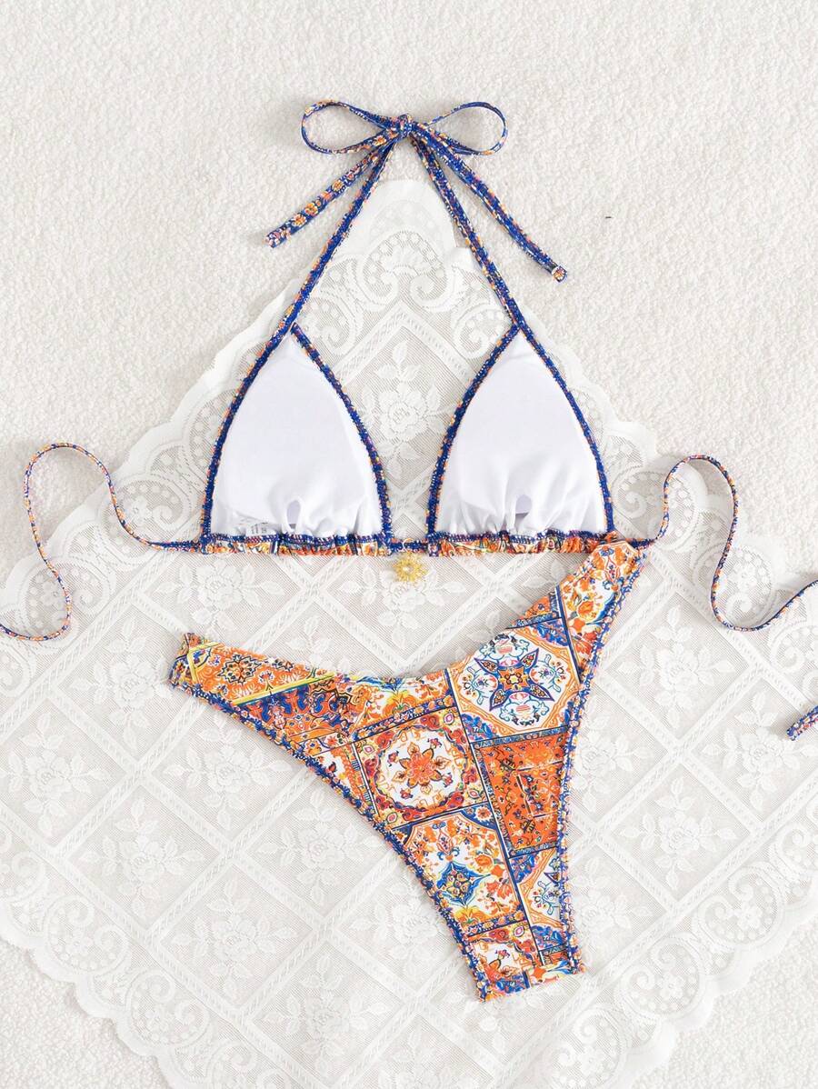 Women's 2-Piece Boho Halter Bikini Set - Gold Accessory, High-Cut, Floral Print, Multicolor