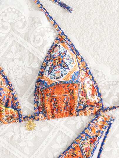 Women's 2-Piece Boho Halter Bikini Set - Gold Accessory, High-Cut, Floral Print, Multicolor