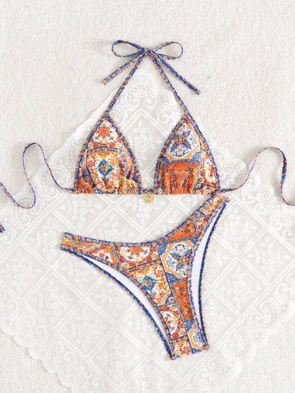 Women's 2-Piece Boho Halter Bikini Set - Gold Accessory, High-Cut, Floral Print, Multicolor