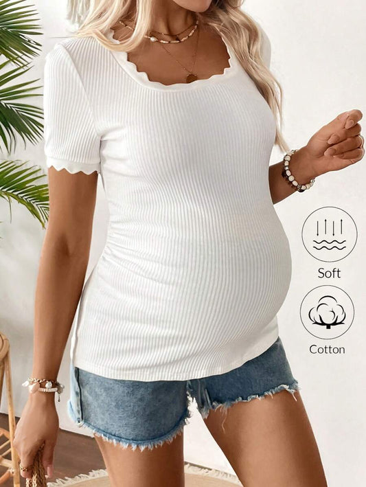 Maternity Square Neck Ribbed Short Sleeve T-Shirt - Slim Fit Cotton Knit Casual Tee with Scallop Trim Details