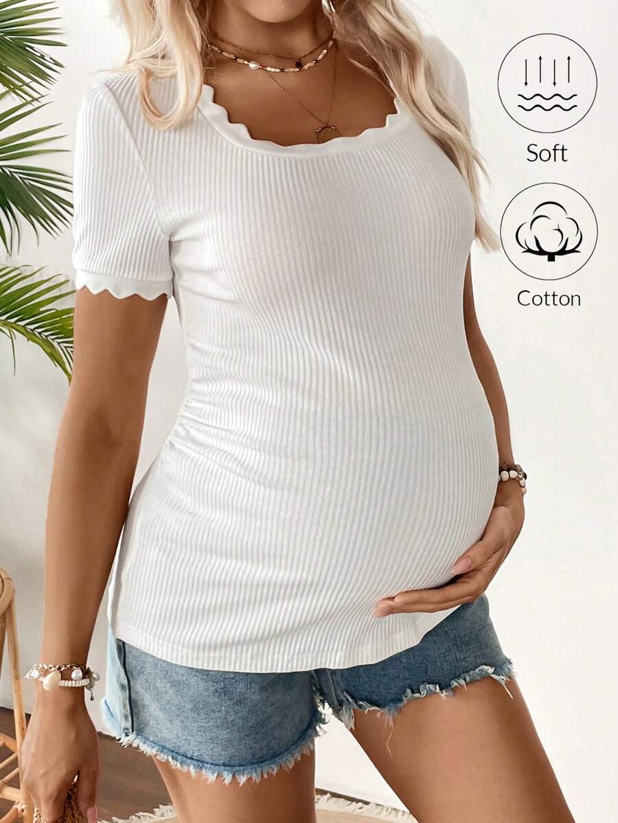 Maternity Square Neck Ribbed Short Sleeve T-Shirt - Slim Fit Cotton Knit Casual Tee with Scallop Trim Details