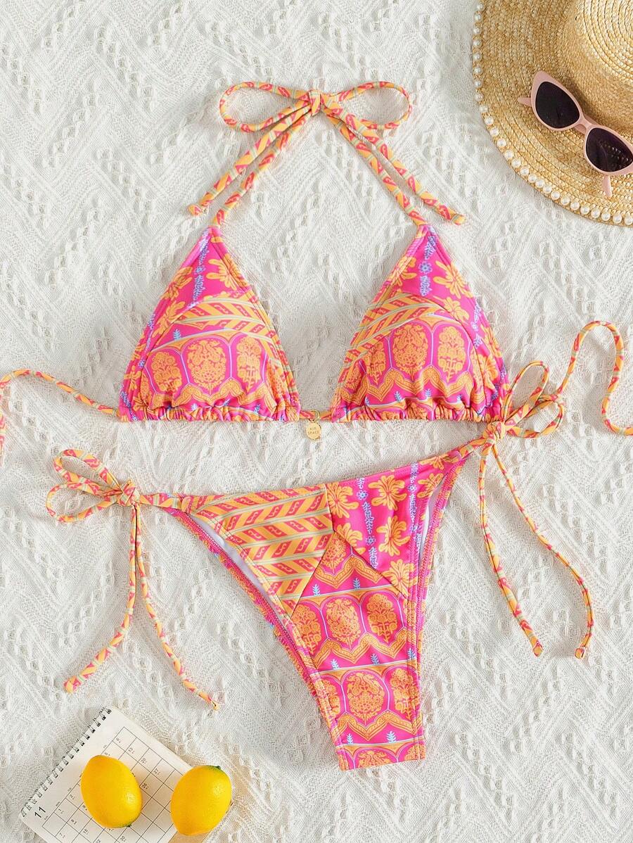 Women's 2-Piece Boho Halter Bikini Set - Knot Detail, Tie Side, Triangle Cup, Blue and White