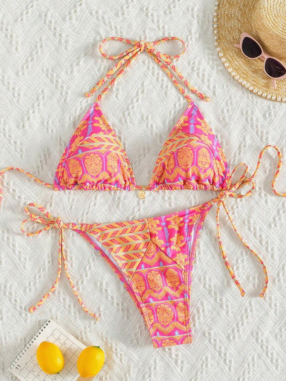 Women's 2-Piece Boho Halter Bikini Set - Knot Detail, Tie Side, Triangle Cup, Blue and White