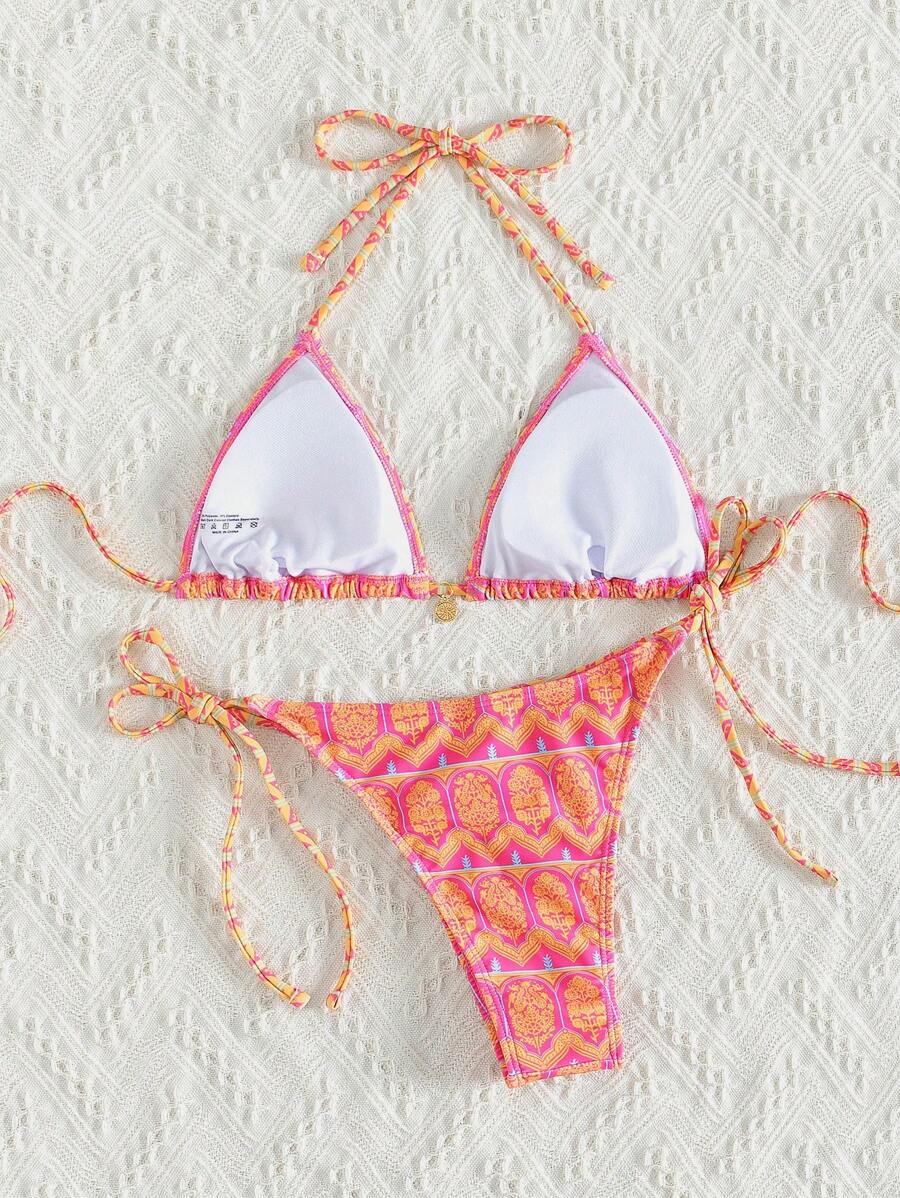 Women's 2-Piece Boho Halter Bikini Set - Knot Detail, Tie Side, Triangle Cup, Blue and White