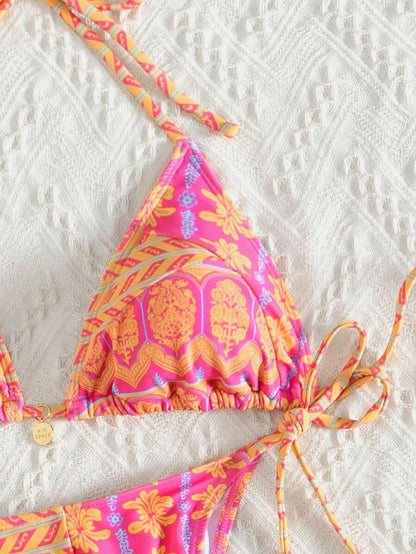 Women's 2-Piece Boho Halter Bikini Set - Knot Detail, Tie Side, Triangle Cup, Blue and White