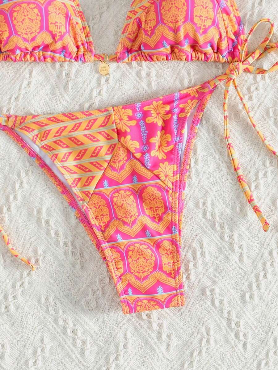 Women's 2-Piece Boho Halter Bikini Set - Knot Detail, Tie Side, Triangle Cup, Blue and White