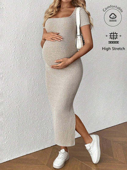 Maternity Square Neck Short Sleeve Midi Bodycon Dress with Side Slit - Sage Green Fitted Pregnancy Outfit - Soft Knit Maternity Wear