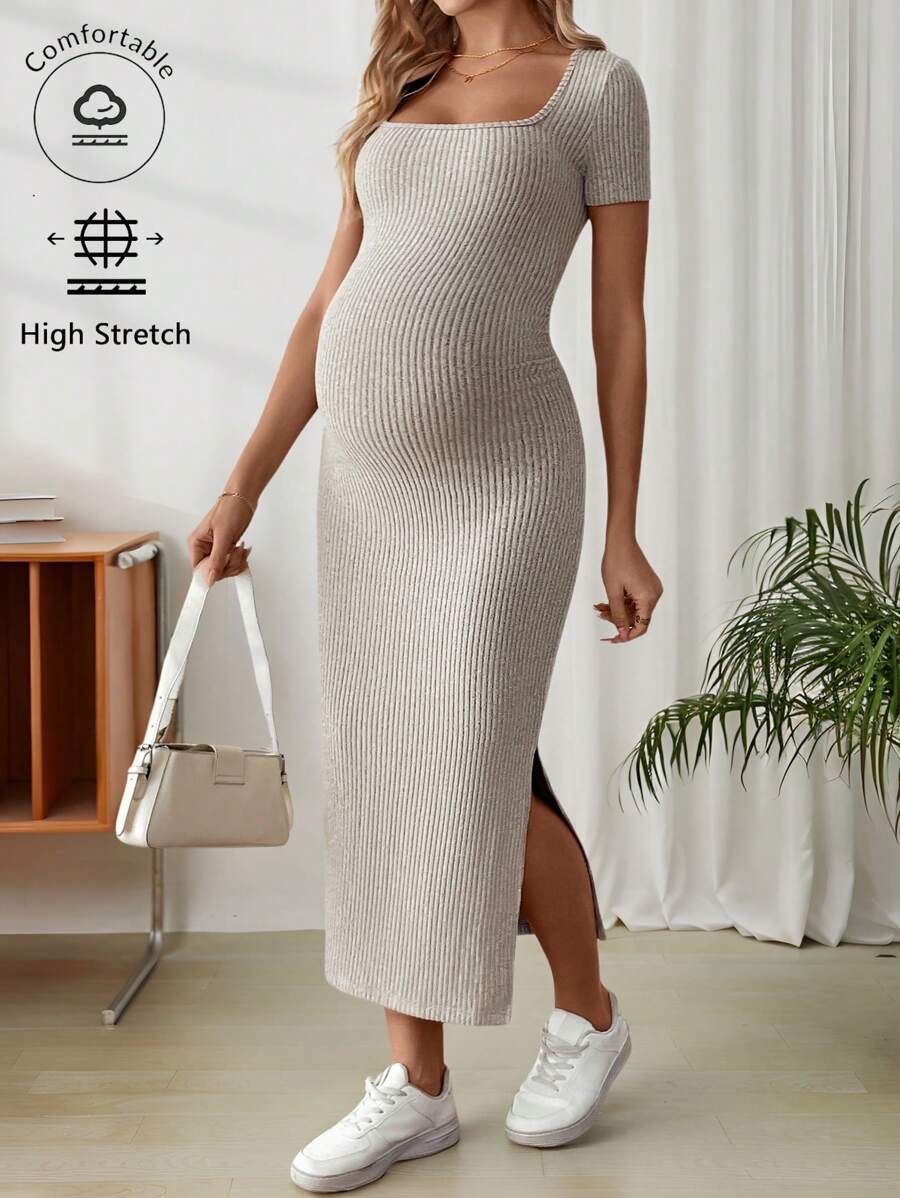 Maternity Square Neck Short Sleeve Midi Bodycon Dress with Side Slit - Sage Green Fitted Pregnancy Outfit - Soft Knit Maternity Wear