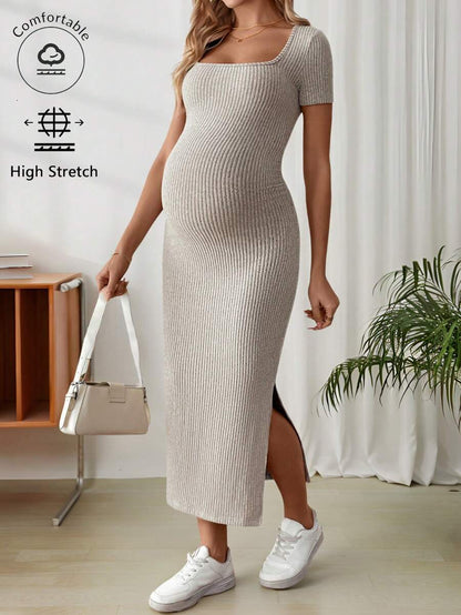 Maternity Square Neck Short Sleeve Midi Bodycon Dress with Side Slit - Sage Green Fitted Pregnancy Outfit - Soft Knit Maternity Wear