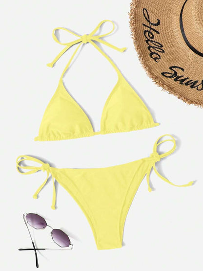 Women's 2-Piece Halter Bikini Set - Leopard & Floral Print, Tie Side, Triangle Cup, Multicolor