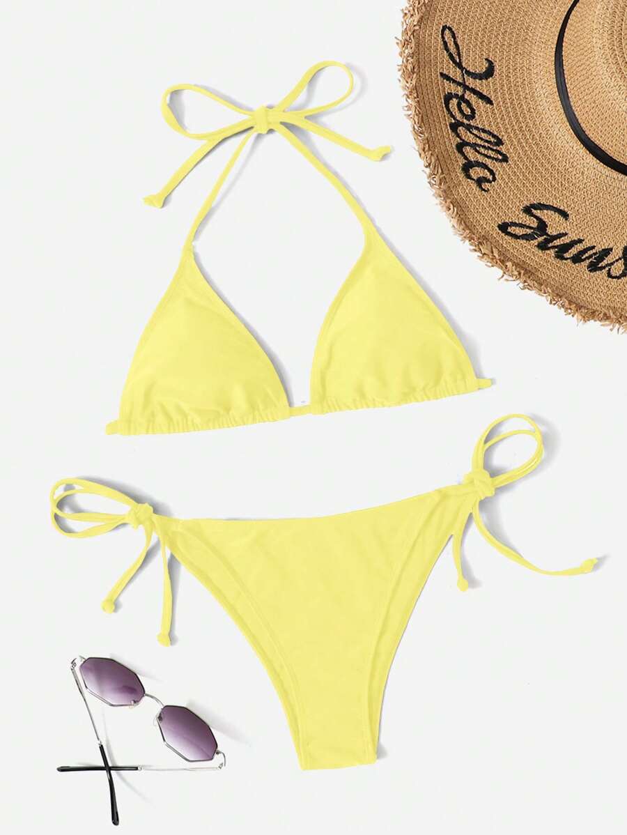 Women's Plain Halter Bikini Set - Knot Detail, Tie Side, Triangle Cup, Navy Blue