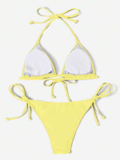 Women's Plain Halter Bikini Set - Knot Detail, Tie Side, Triangle Cup, Navy Blue