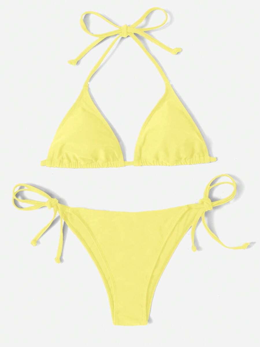 Women's 2-Piece Halter Bikini Set - Leopard & Floral Print, Tie Side, Triangle Cup, Multicolor