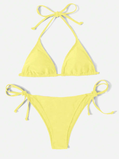 Women's 2-Piece Halter Bikini Set - Leopard & Floral Print, Tie Side, Triangle Cup, Multicolor