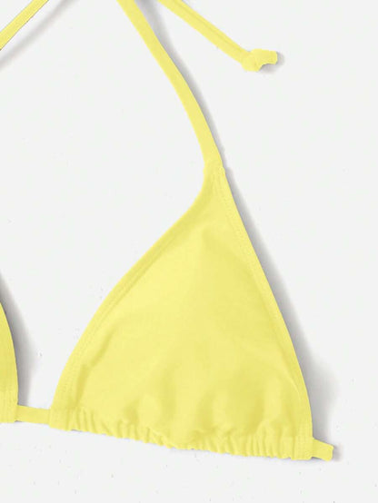 Women's Plain Halter Bikini Set - Knot Detail, Tie Side, Triangle Cup, Navy Blue
