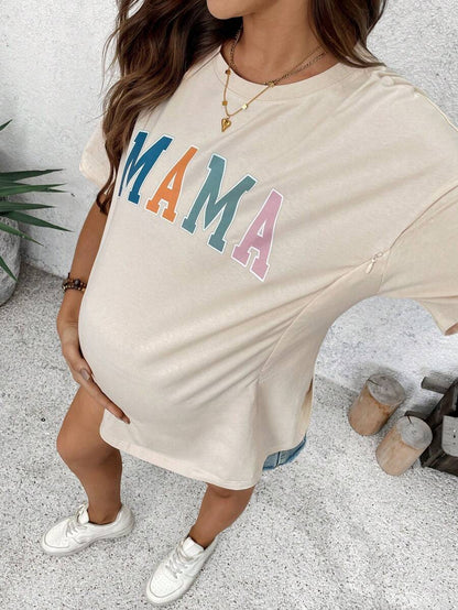 Mama Letter Print Maternity Nursing T-Shirt Loose Fit Short Sleeve Cotton Nursing Top in Apricot for Mother's Day and Spring